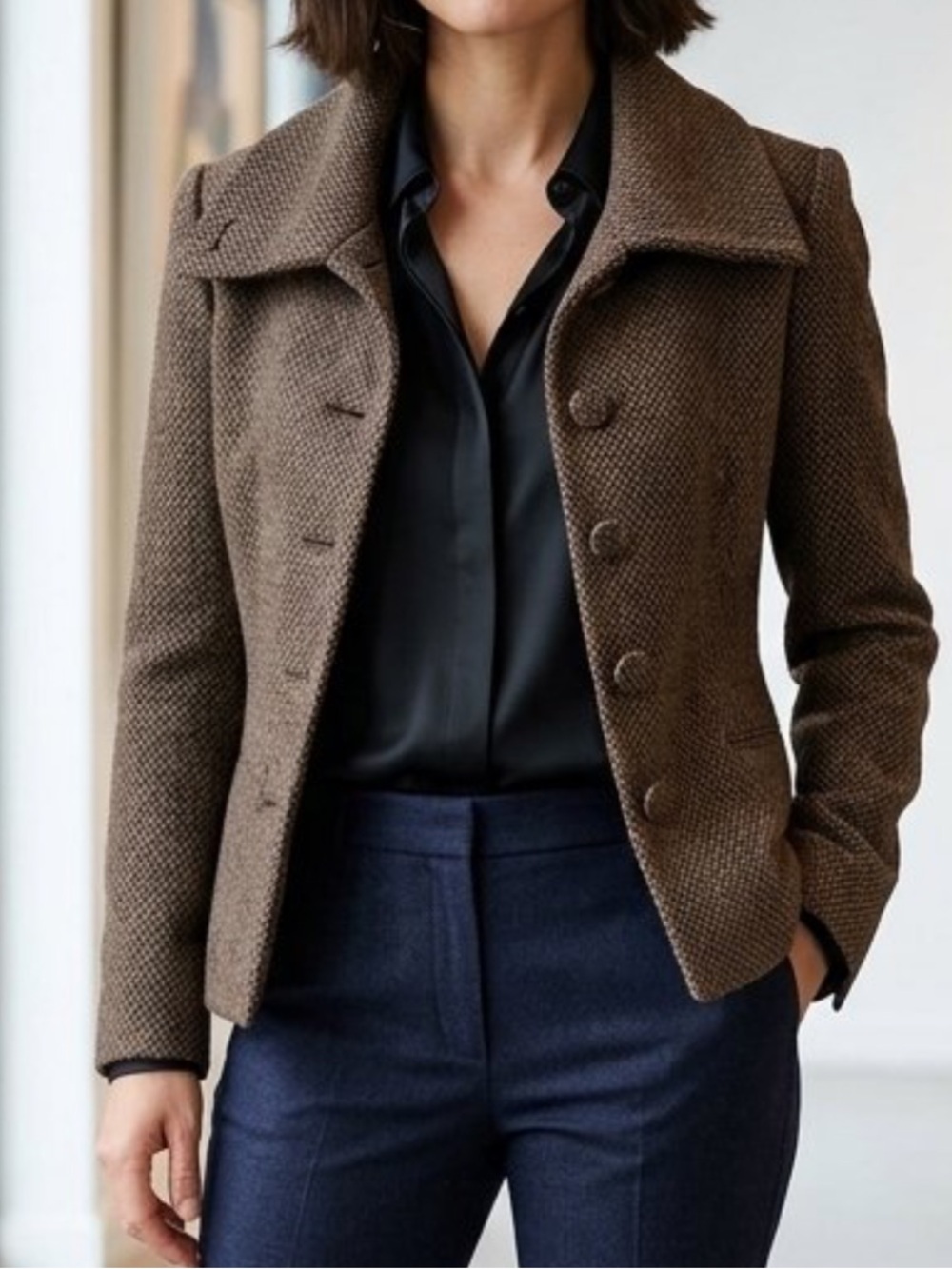 Lauren Ralph Lauren convertible collar wool-blend brown herringbone tweed 10